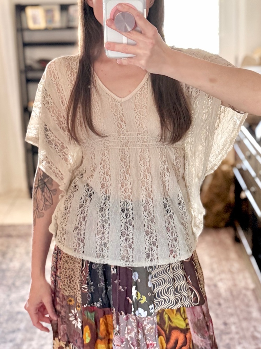 Love J USA Lace Boho Top Sheer Cream Anthropologie Style Flowy Blouse Small